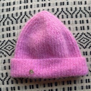 Sandro Ribbed Logo Plaque Beanie pink mohair blend